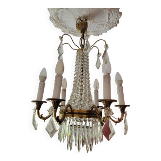 Lustre montgolfière 6 feux en bronze et pampilles en cristal, fin XIXème