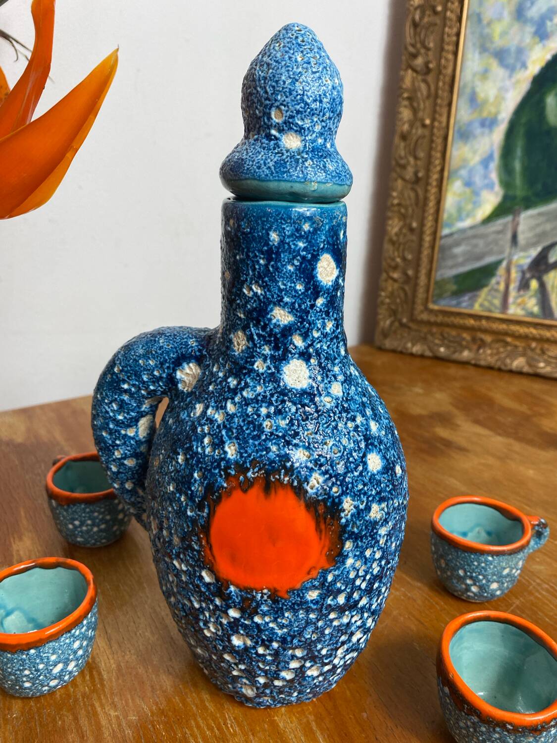 Liqueur service, ceramic, sea foam, Vallauris