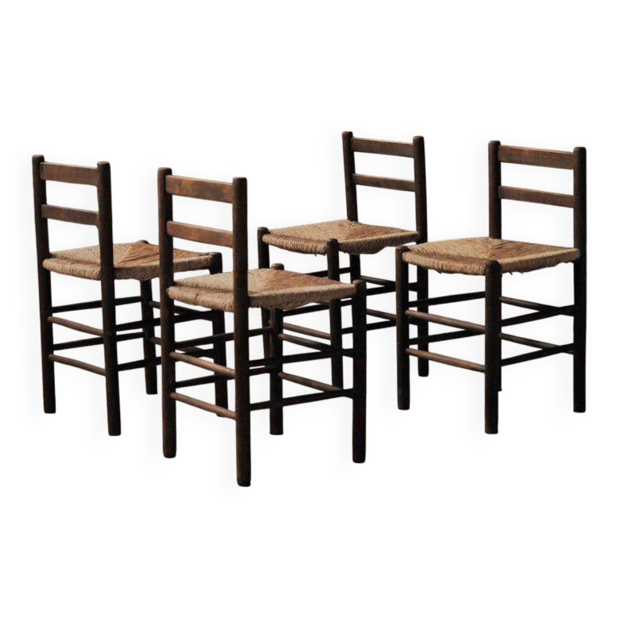 Set of four wooden and straw chairs, around 1960.