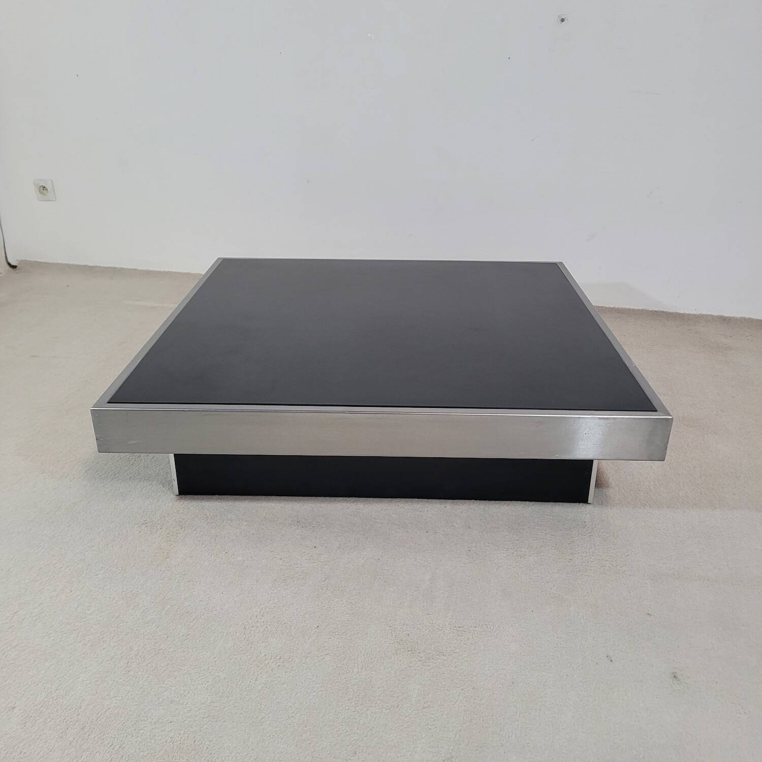 Large vintage black and stainless steel coffee table from the 1970s