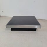 Grande table basse vintage noir et inox des années 1970