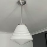 Chandelier art deco, opaline and chrome metal, France 1930