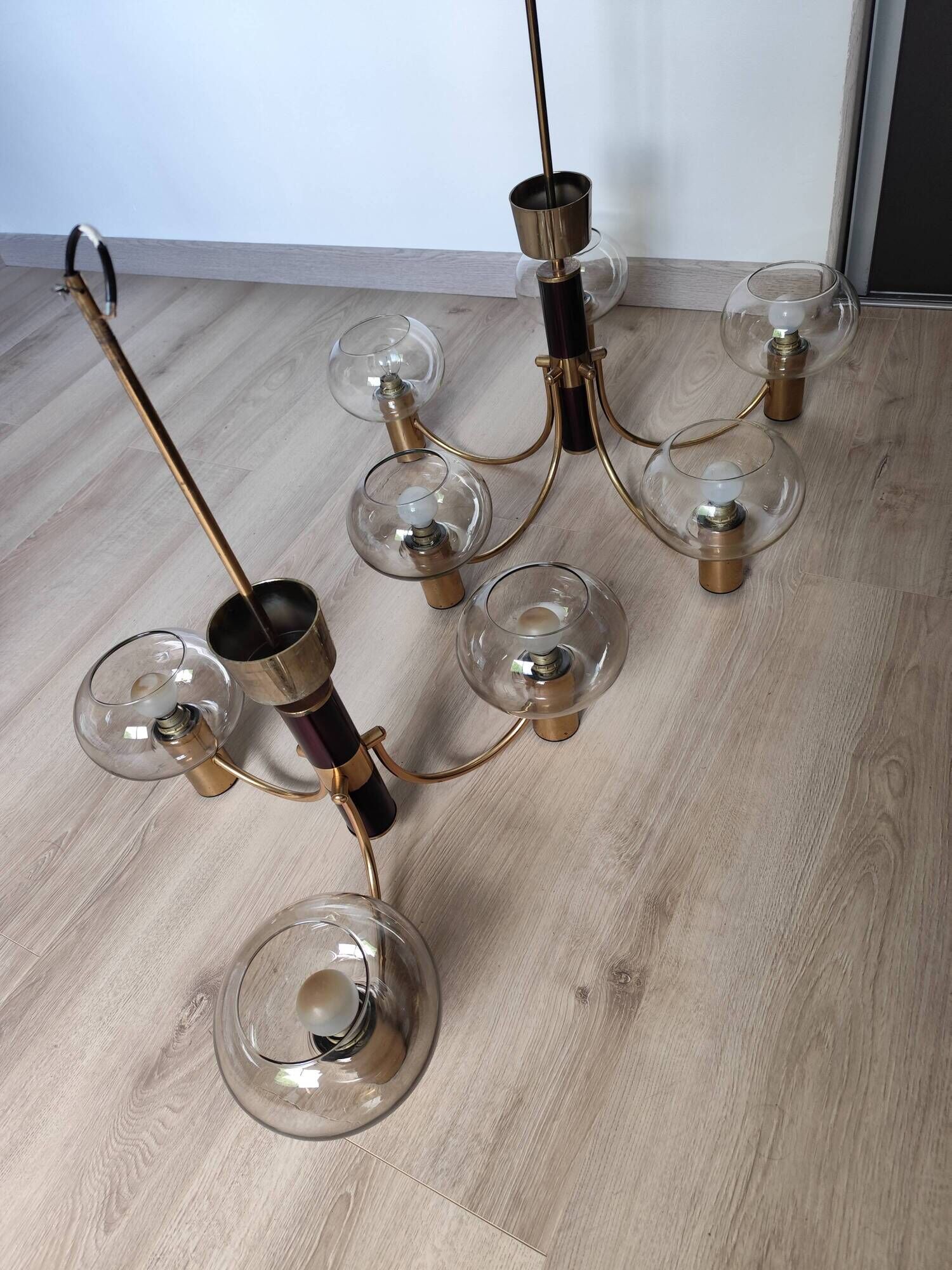 Pair of matching brass and bakelite chandeliers, 3 and 5 branches, 70s milk