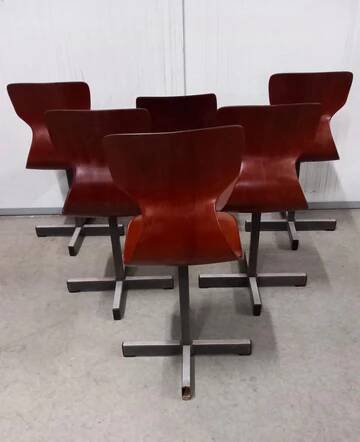Set of 6 mid-century modern Pagholz chairs, moulded plywood seats, steel base, 1960s