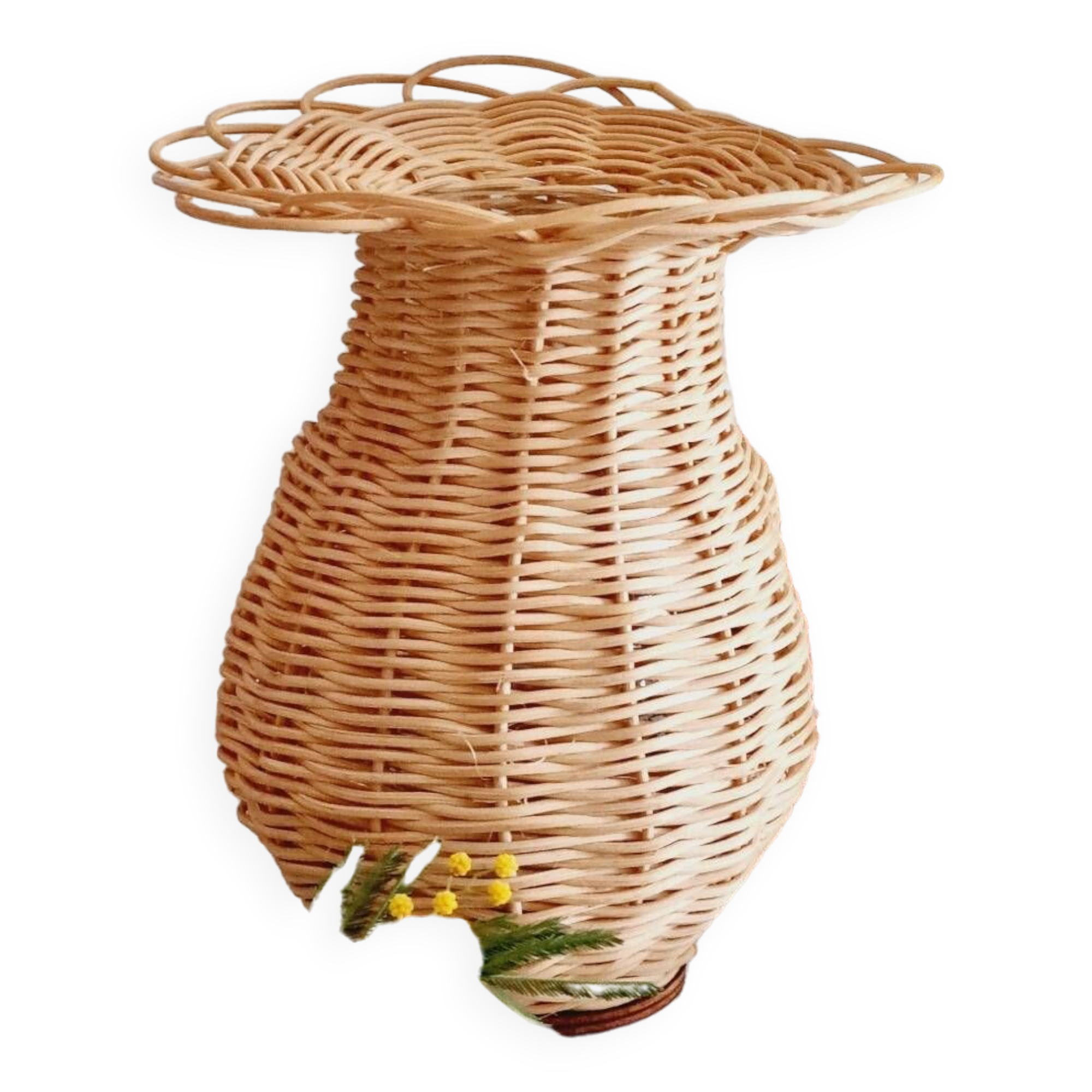 Flower-shaped wicker and glass vase