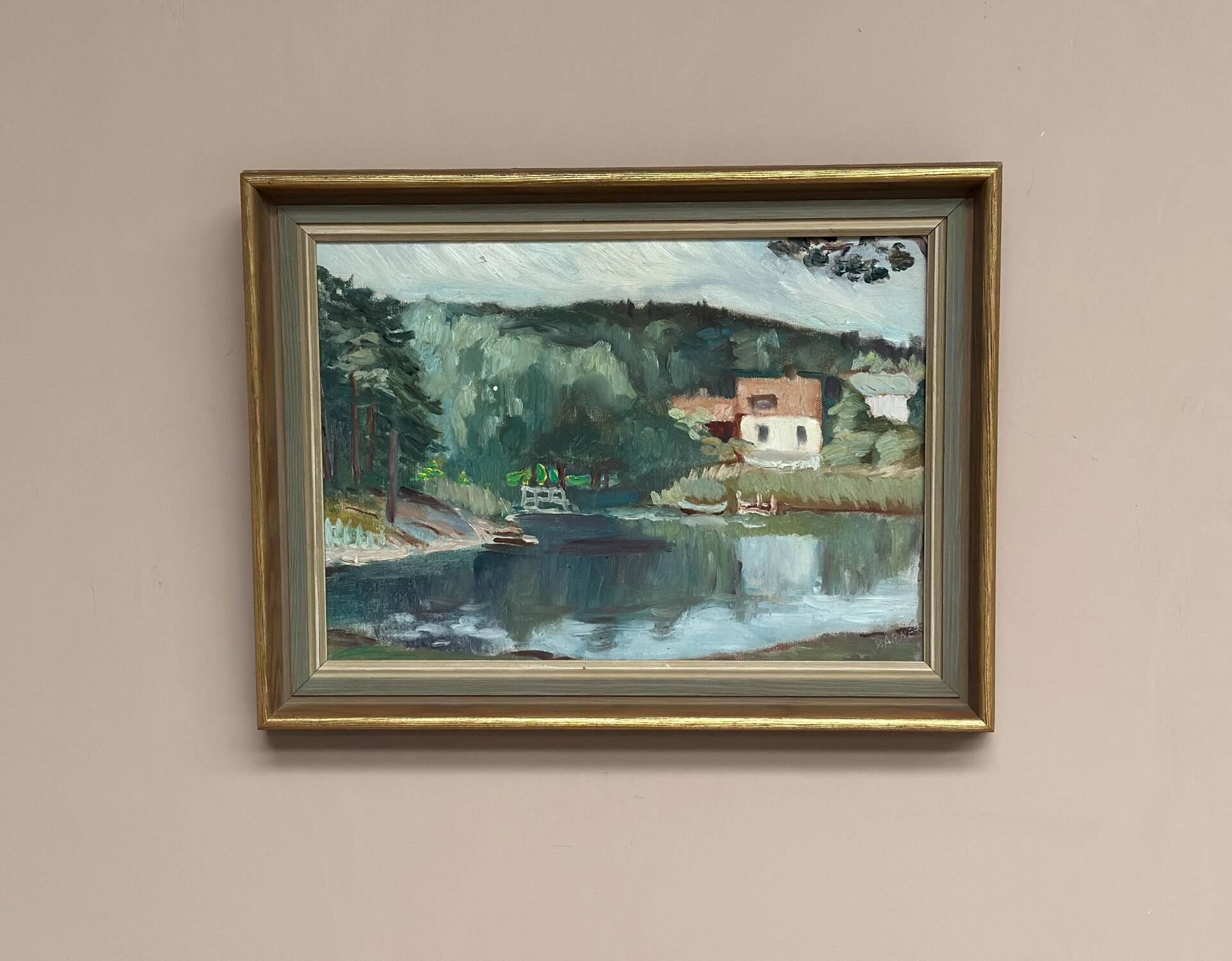 Swedish Oil on Canvas – “Lake with Houses” by G. Arner – Signed