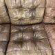 Living room sofa and brutalist armchairs in leather and wood, 70s, chalet style