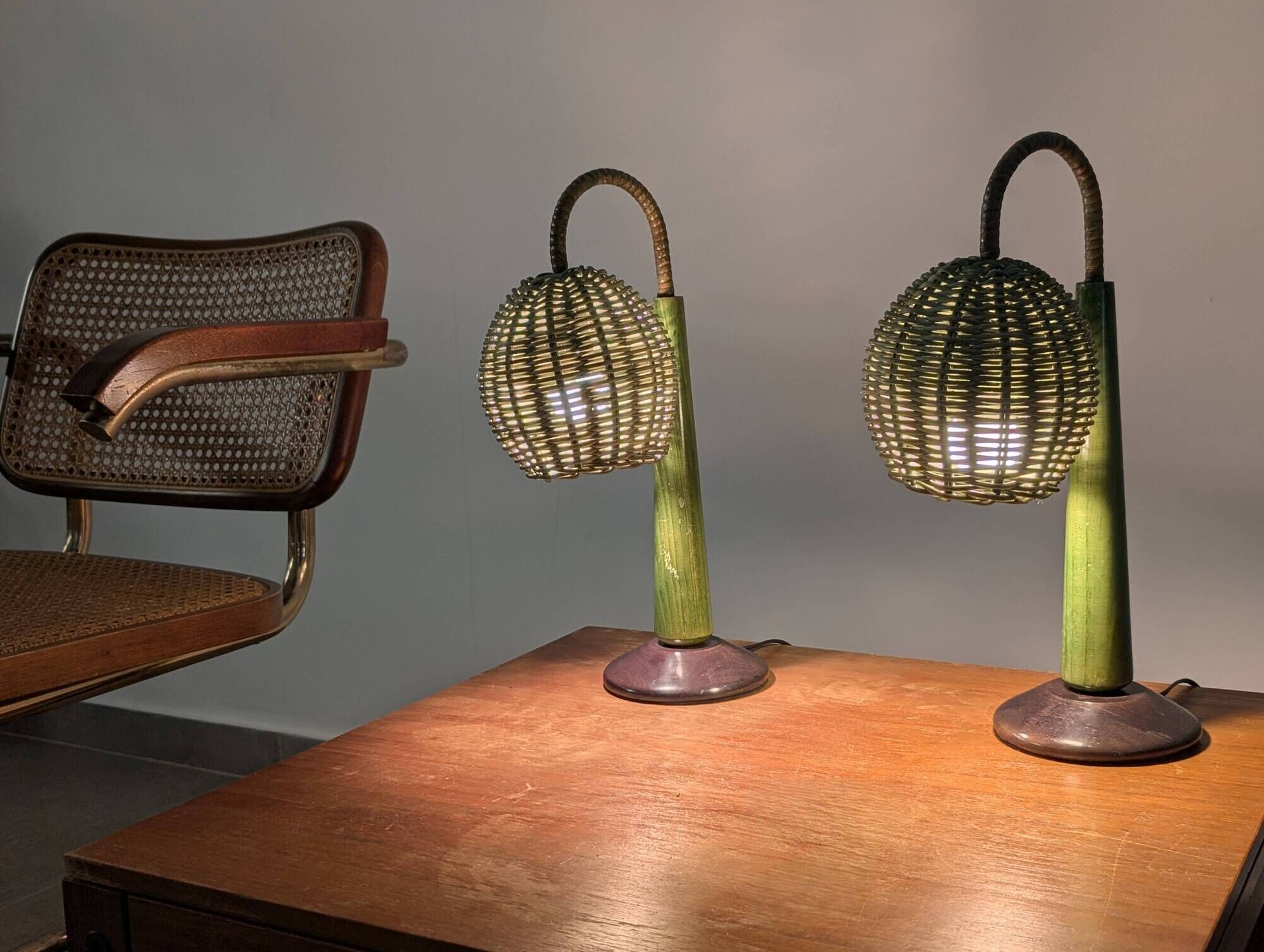 Organic Modern Mario Lopez Torres Style Green Rattan Lamps 1980s