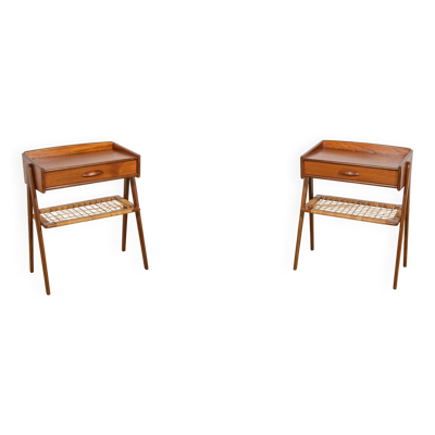 Tables de nuit en teck et rotin de milieu de siècle par Søren Rasmussen, Danemark, années 1960.