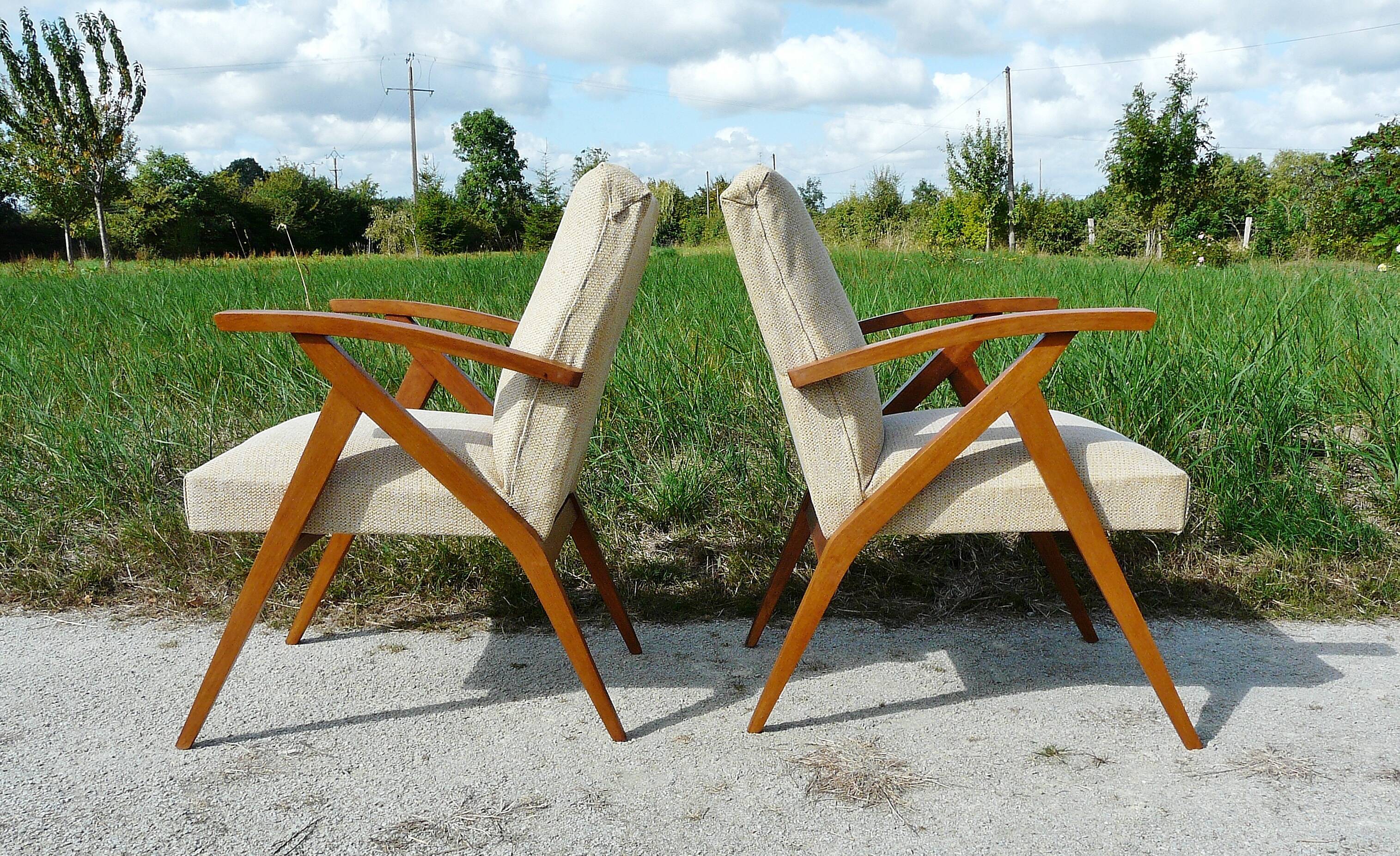 Pair of Scandinavian vintage armchairs in blond wood