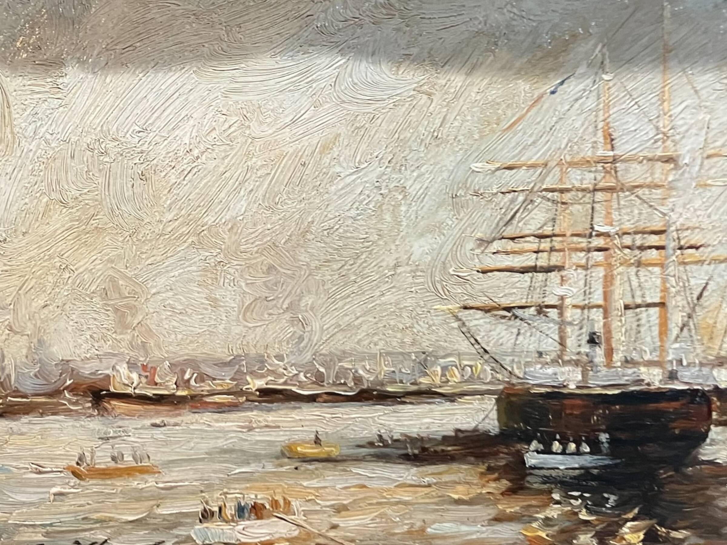 Oil on canvas "bateaux au port" signed e. guilleux