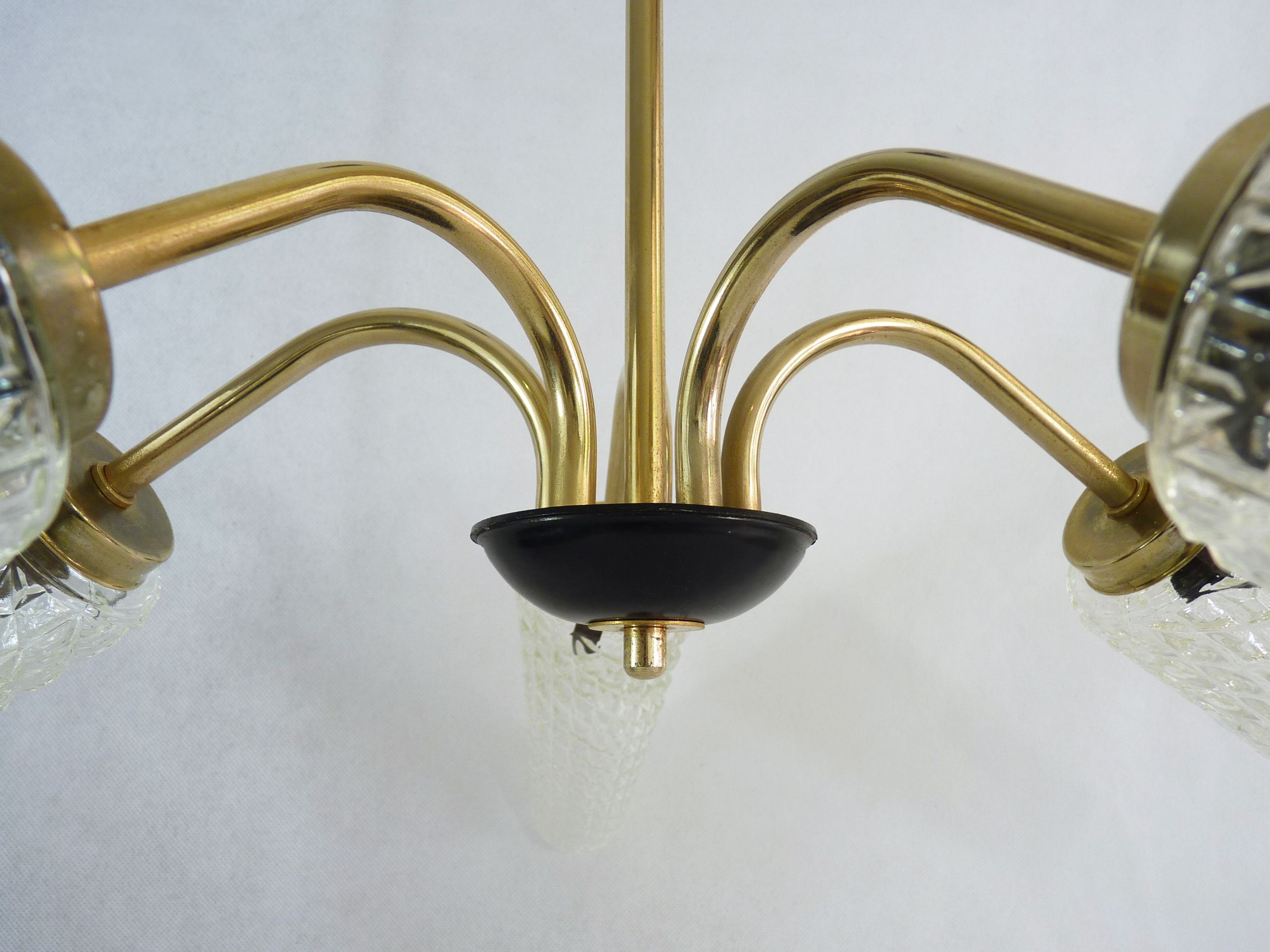 Old 5-branch chandelier, brass and glass tulips, vintage light fixture