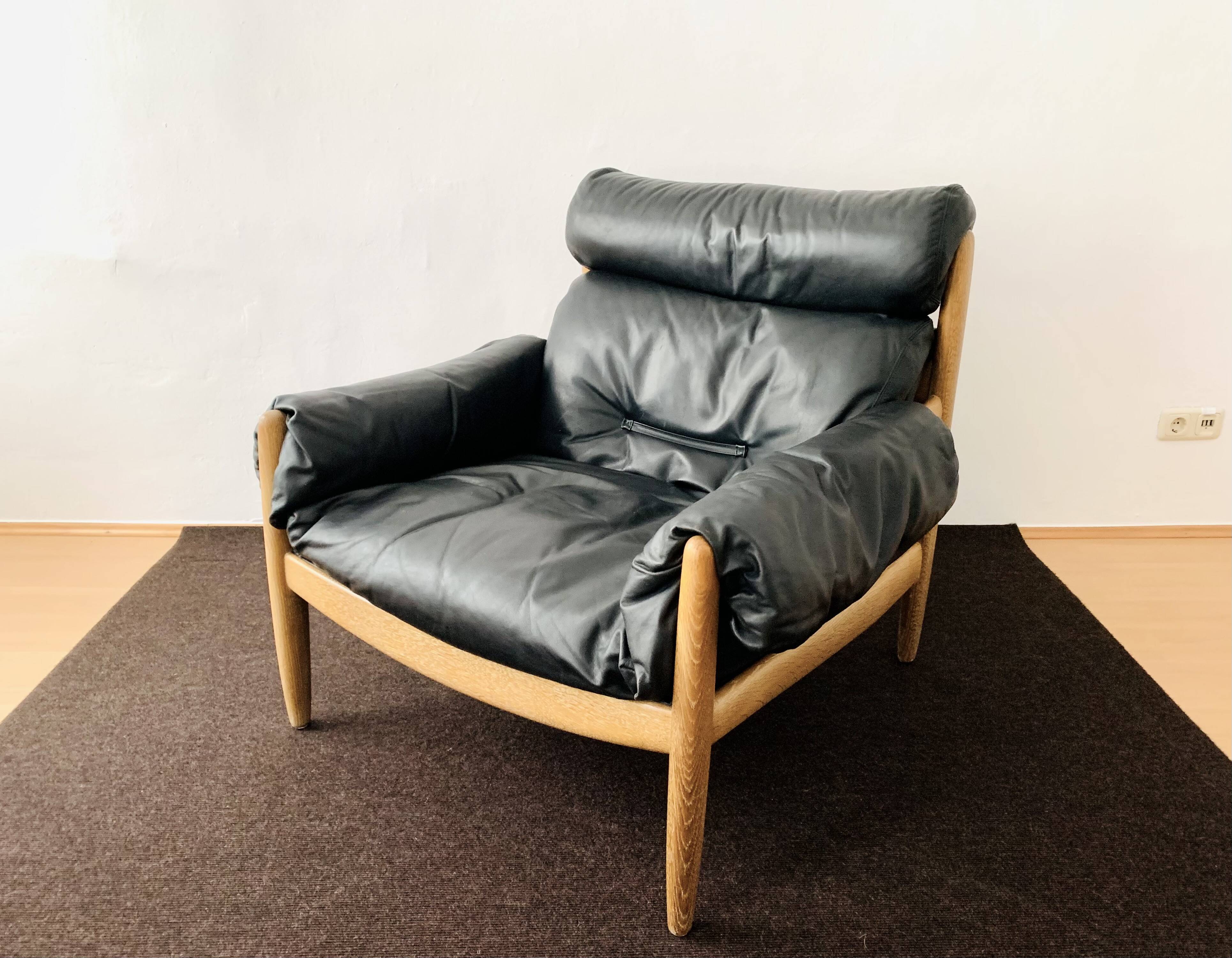 Danish Oak and Leather Lounge Chair with Ottoman