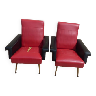 2 fauteuils rétro vintage en simili cuir de couleur rouge et noir en l’état-à restaurer