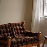 Brutalist two-seater sofa in solid pine, Swedish modernism, 1970s.