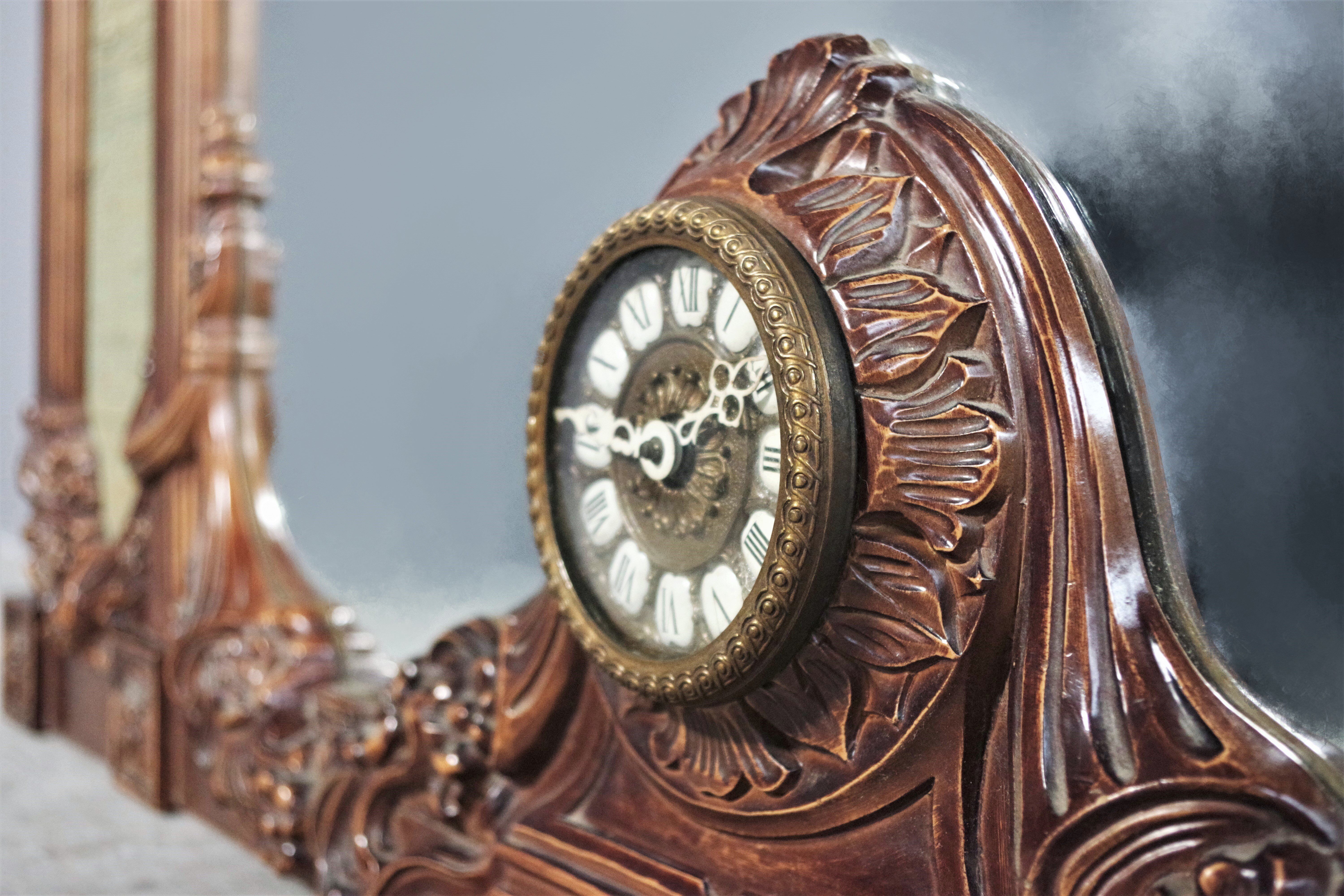 Wooden mirror with clock, 1960