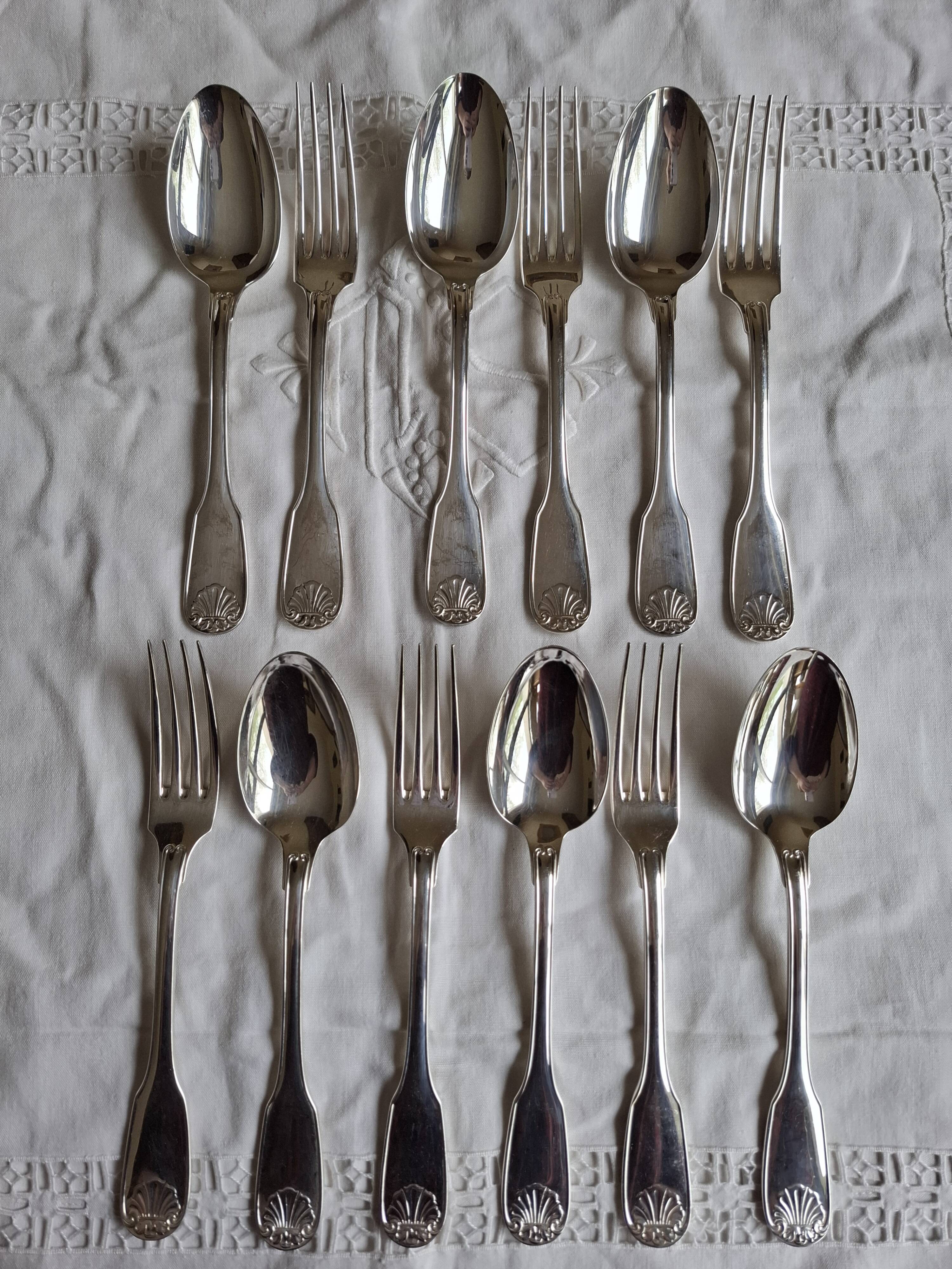 Christofle Alfenide silver cutlery, Coquille/Vendôme model, x6 or 12