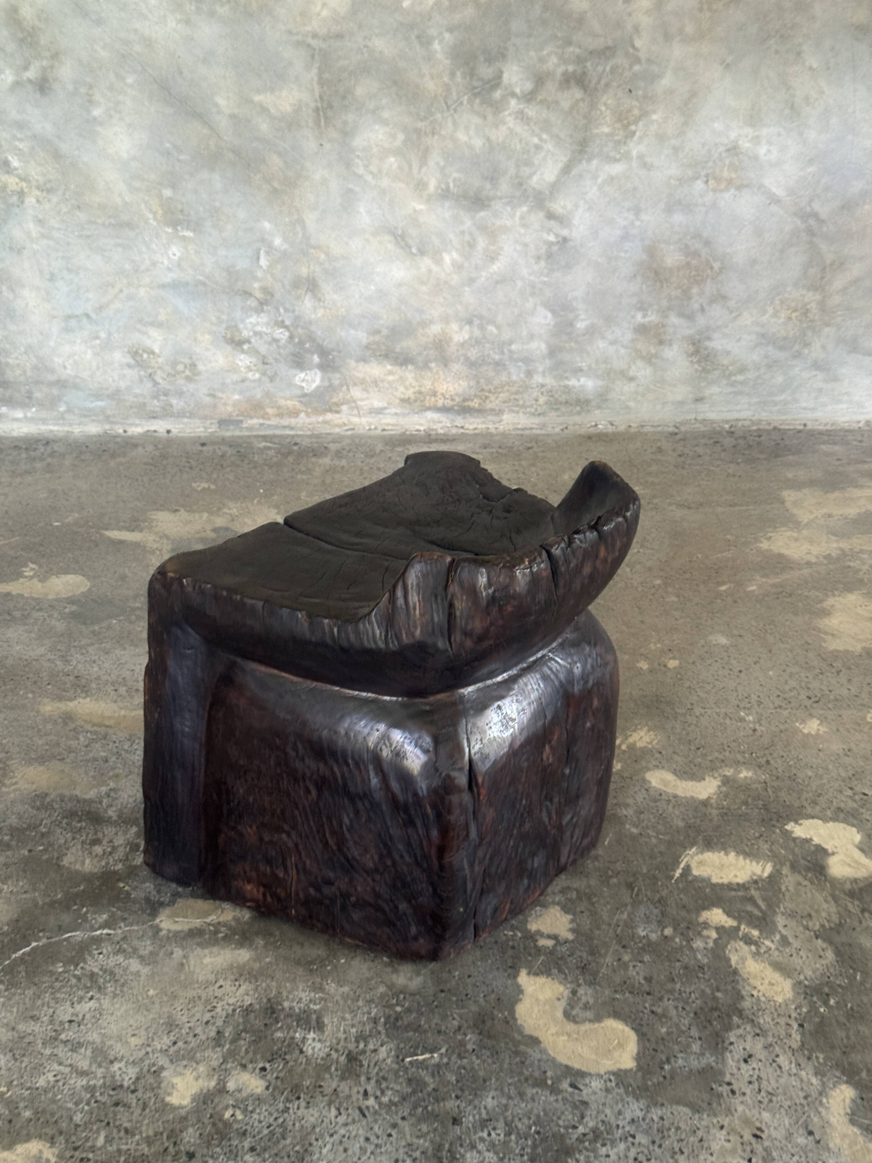 Stool, tabouret or low Japanese-style armchair in brutalist monoxyle radica.