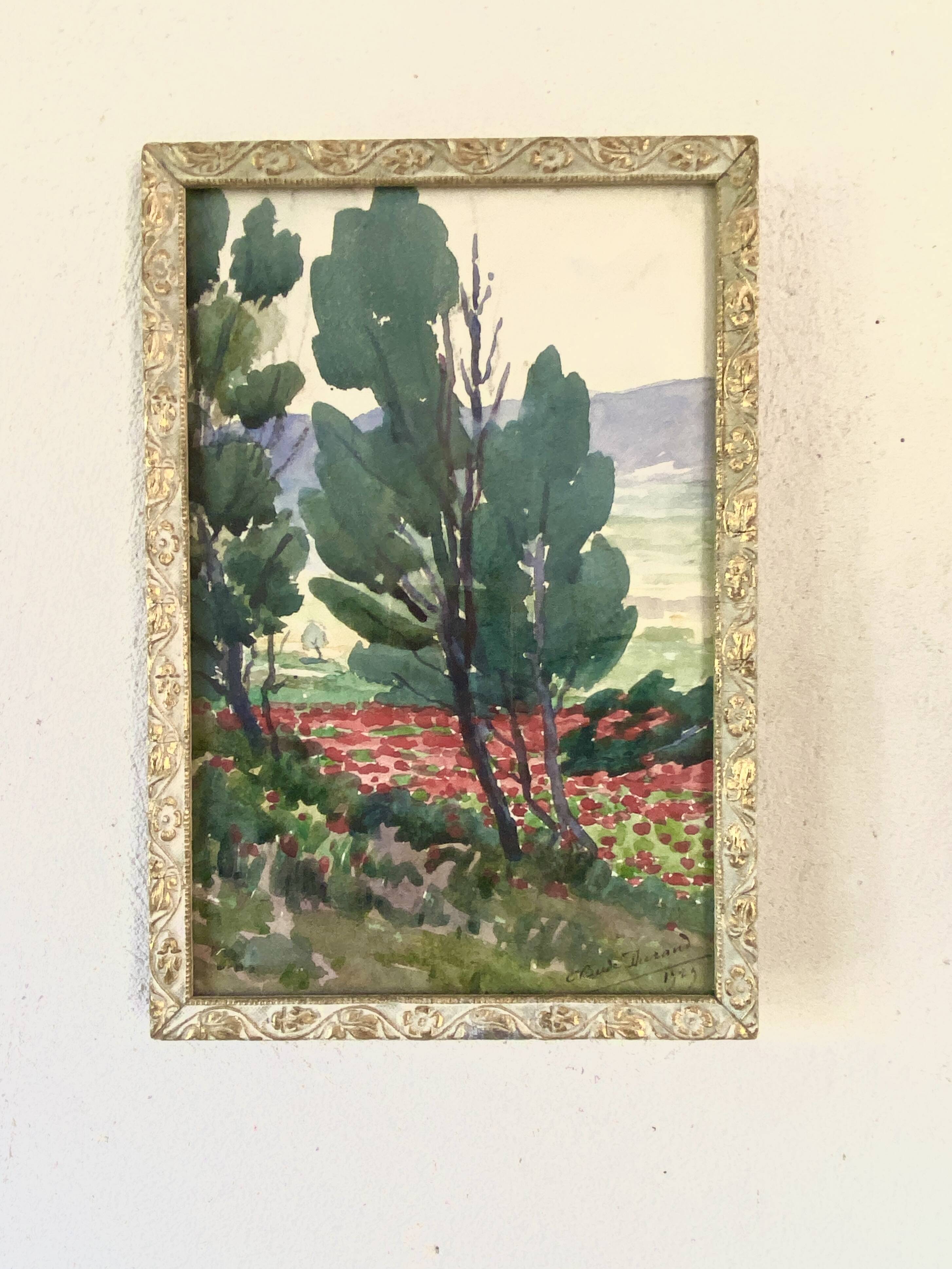 1930 painting "poppies" wooden frame with glass
