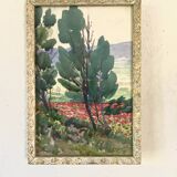 1930 painting "poppies" wooden frame with glass