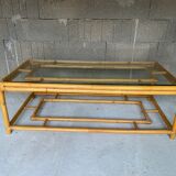 Rattan coffee table vintage glass top 1970