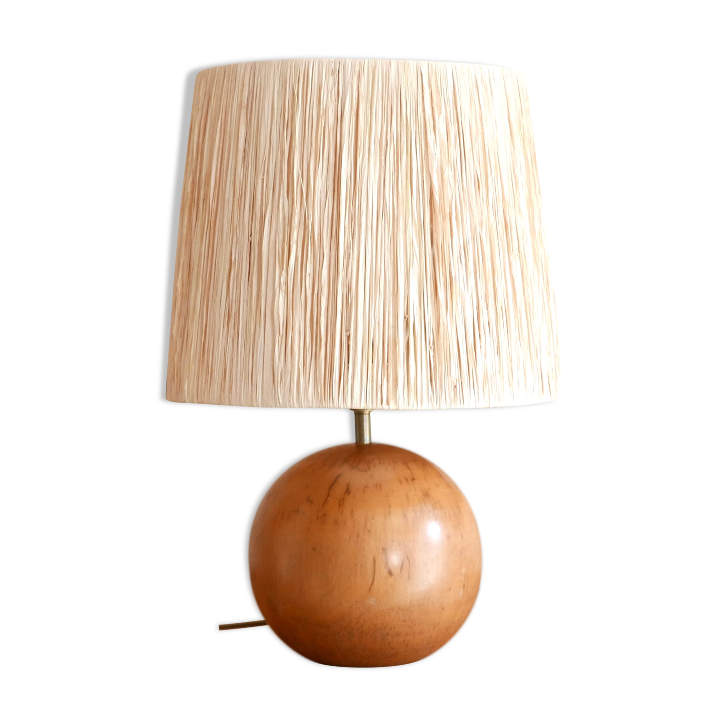 Wooden "ball" lamp, raffia shade, 70s