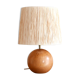 Wooden "ball" lamp, raffia shade, 70s