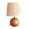Wooden "ball" lamp, raffia shade, 70s