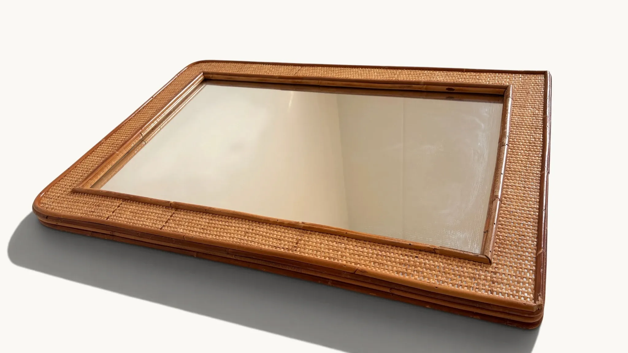 1970s Mid-Century Rattan and Pencil Reed Large Mirror, Spain