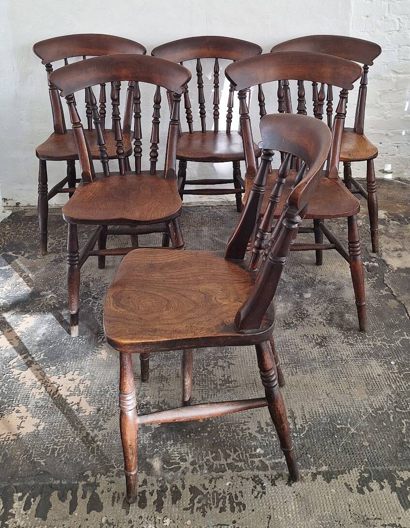 Antique set of 6 farmhouse patinated oak dining chairs, 19th century