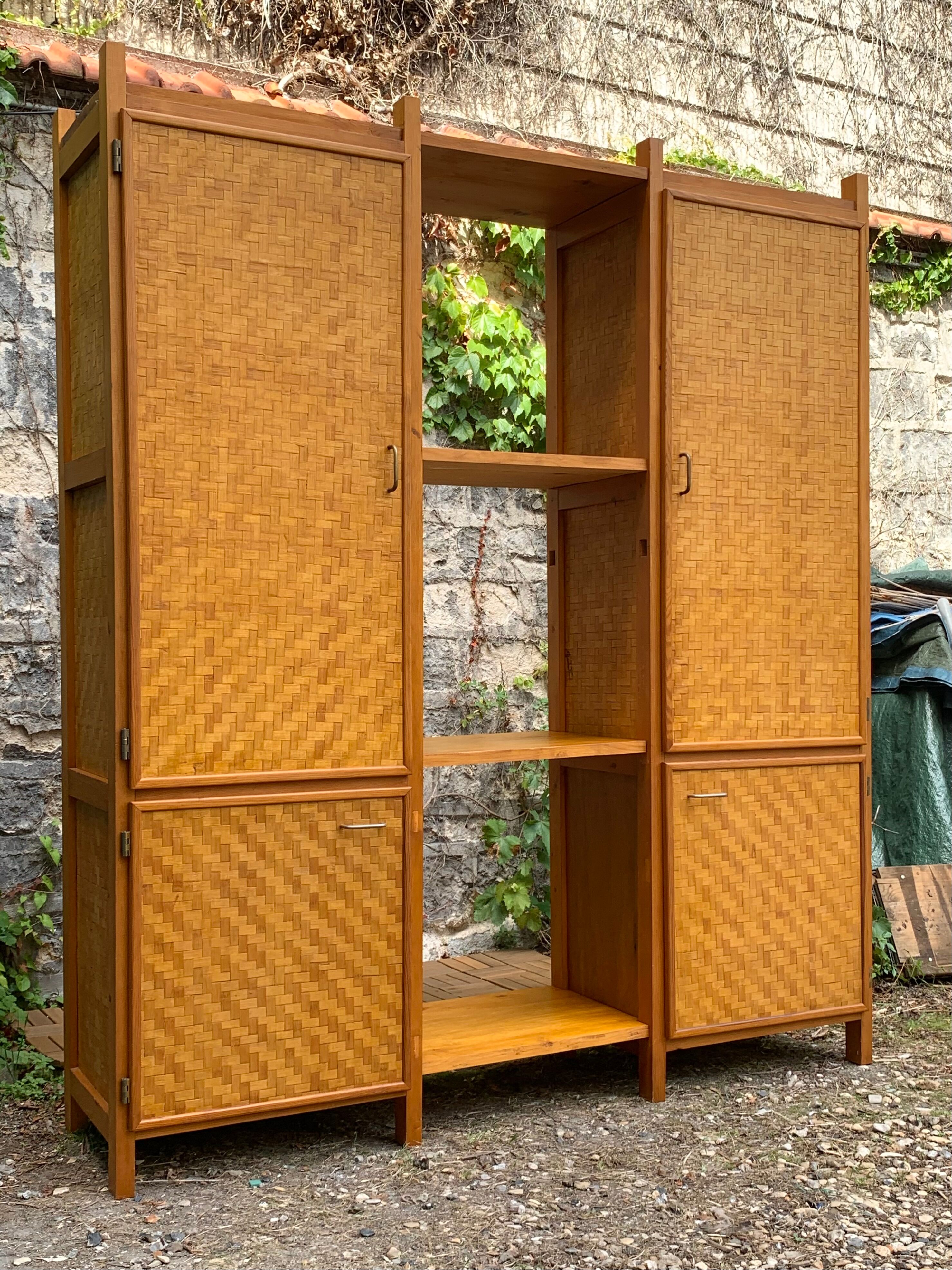 Bamboo cabinet woven and modular pine vintage 1960