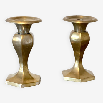 Pair of brass candlesticks, old octagonal base candlestick