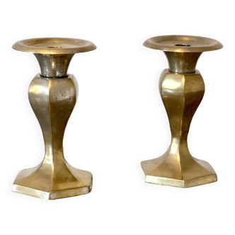 Pair of brass candlesticks, old octagonal base candlestick