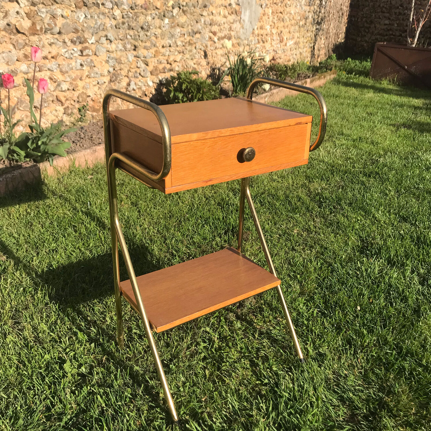 Vintage bedside table 1960 oak and brass