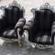 A pair of vintage armchairs, 1980s, lacquered wood and fabric