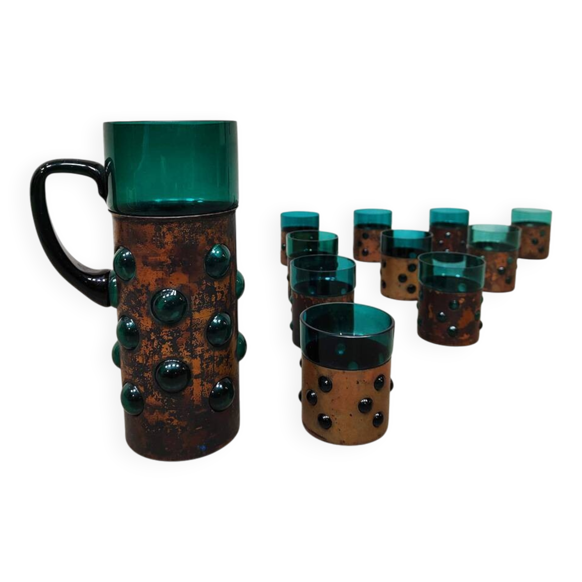 Vintage copper base bubble glass vase & glasses Nanny Still Raak