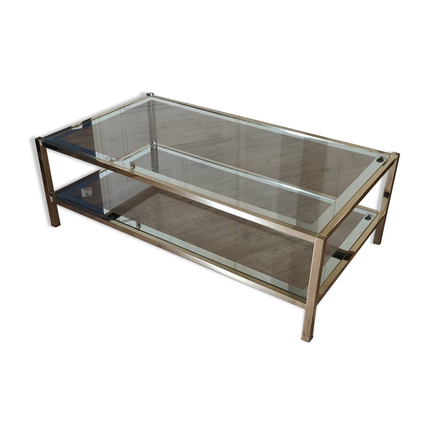 Vintage coffee table with glass, mirror, and brass.