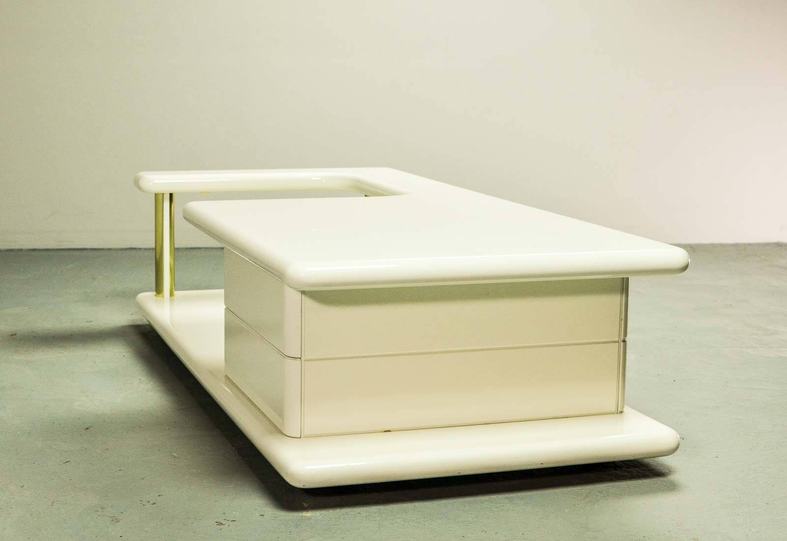 White High Gloss Free Form Italian Design Coffee Table w. Brass Accents 70s