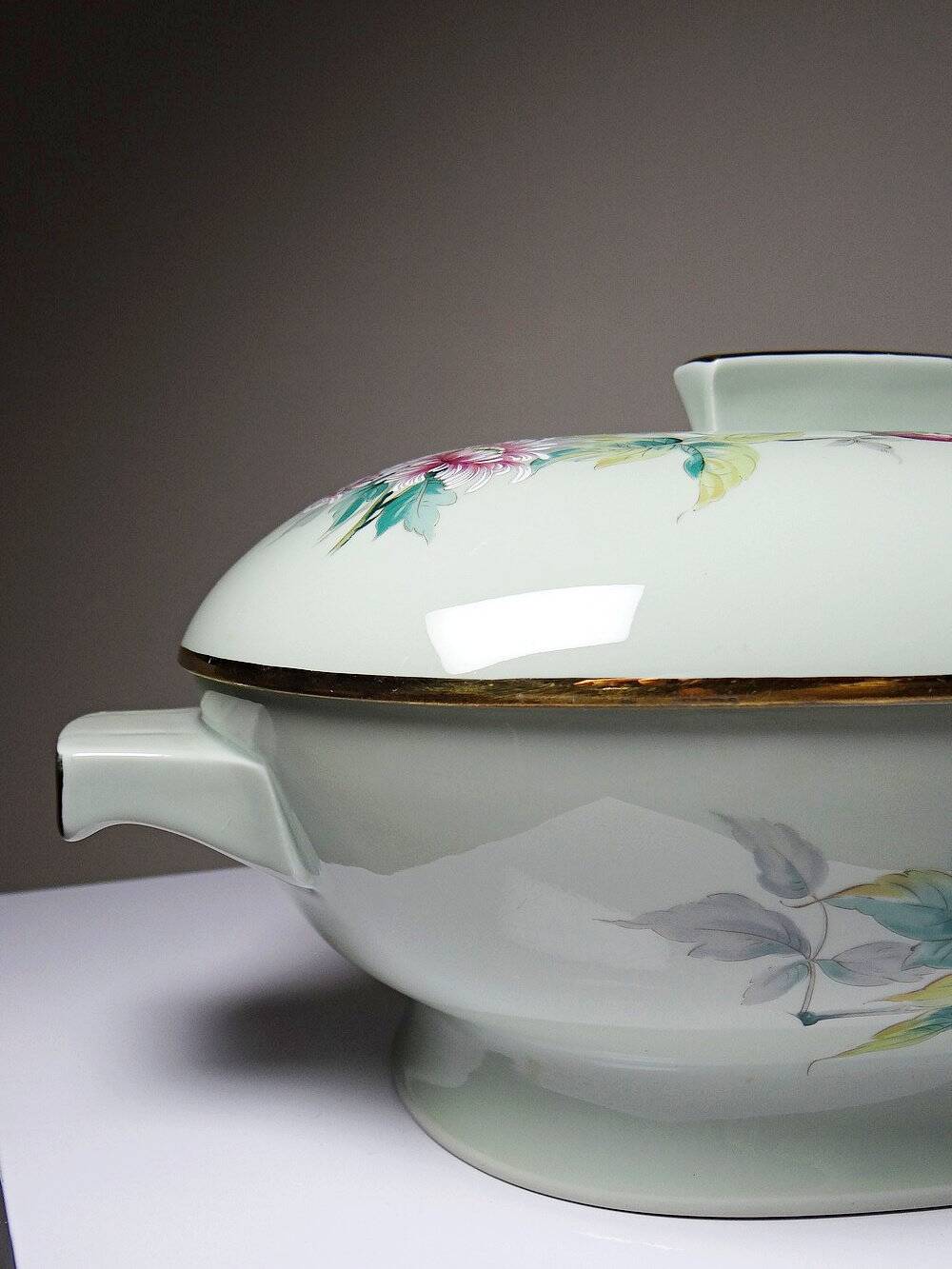 Art Deco style soup tureen with floral decoration, vintage celadon porcelain from Limoges, France.