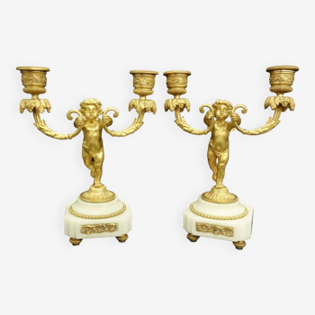 Pair of 19th century Louis XVI style putti candlesticks - bronze & marble