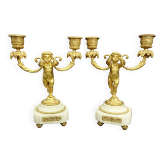 Pair of 19th century Louis XVI style putti candlesticks - bronze & marble