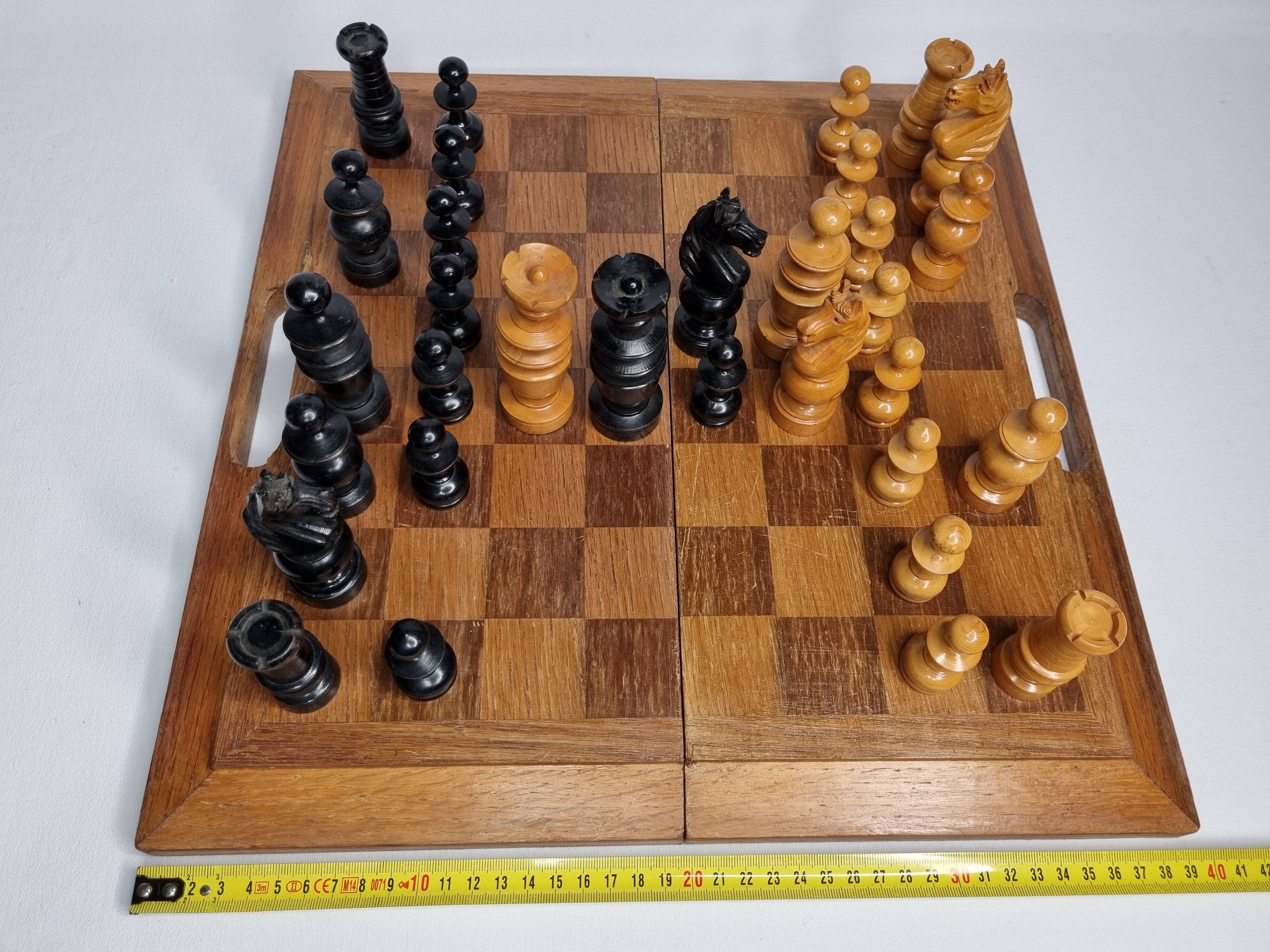 Vintage Solid Wood Folding Chess Set, Regency Bistro Style, Carved Turned Wood Pieces