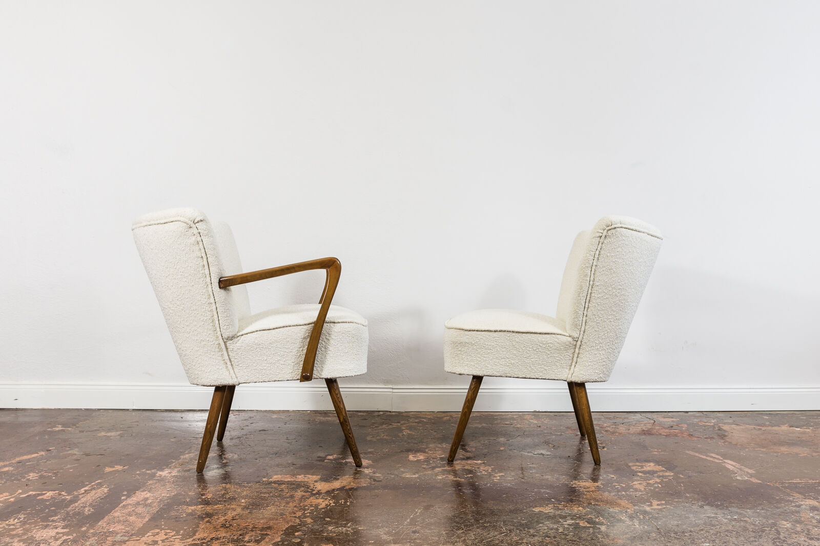 Pair of white cream boucle cocktail chairs, 1950s
