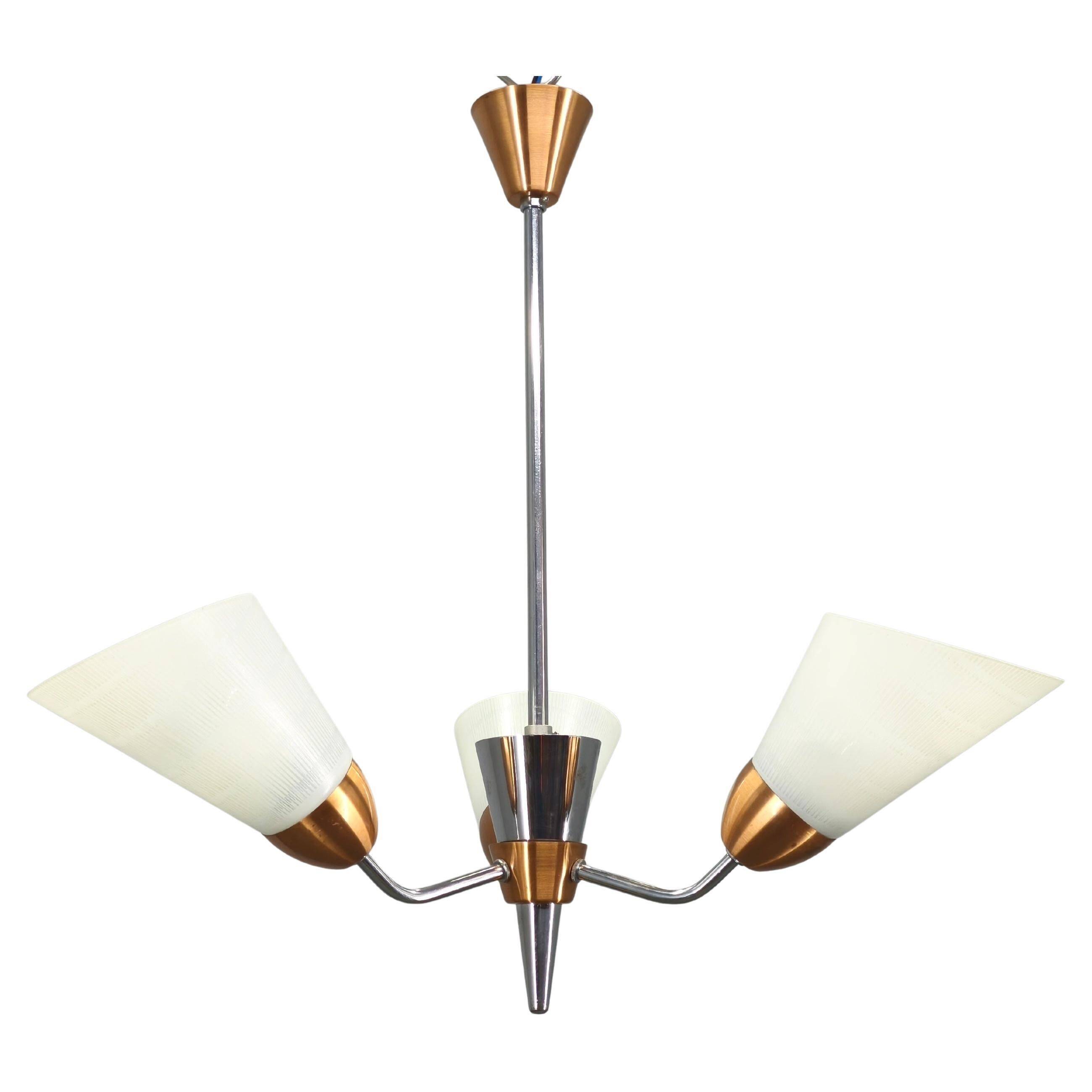 Mid-Century Pendant Light, Copper and Chrome, Czechoslovakia, 1970s
