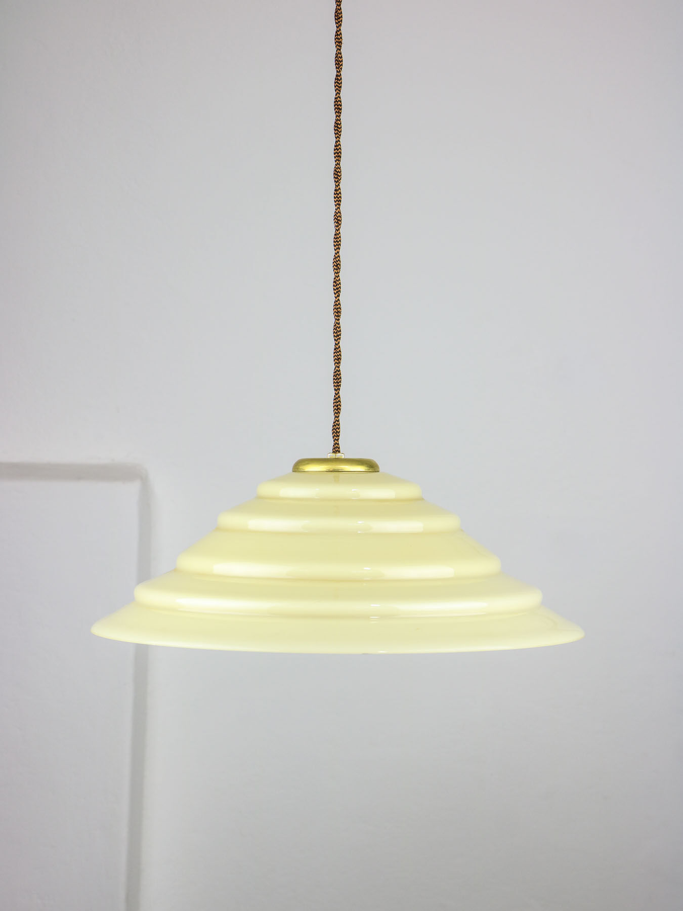 Mid-century Yellow Glass & Brass Pendant Lamp