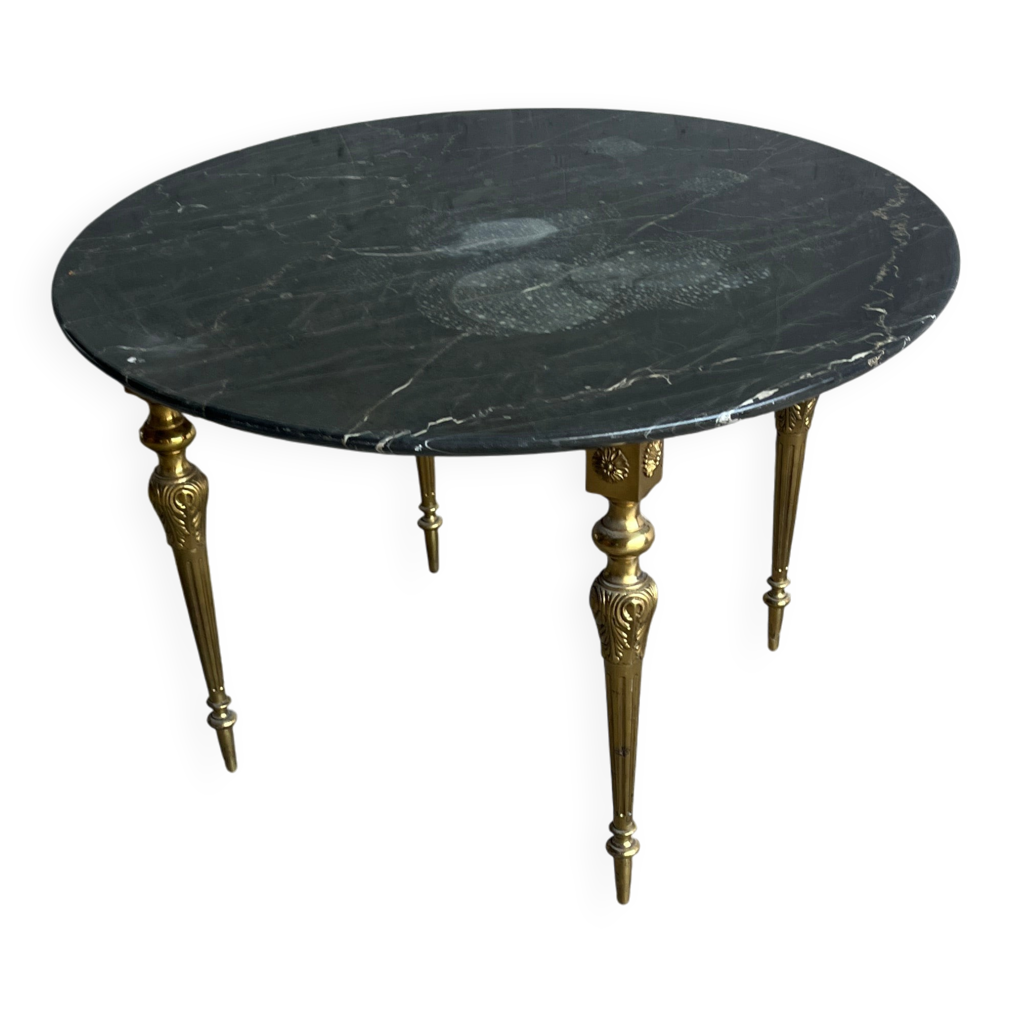 Table basse vintage en marbre noir et laiton