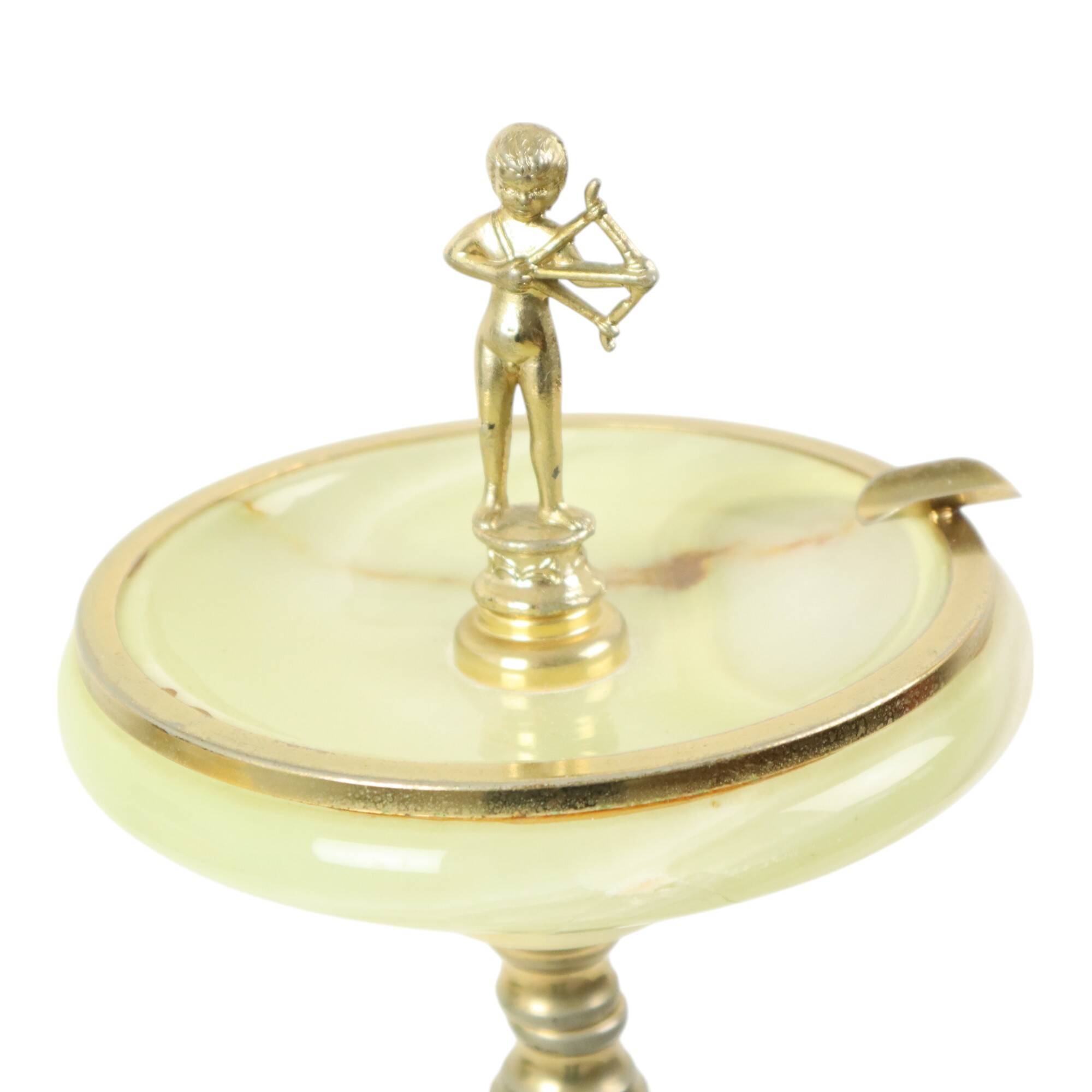 Cendrier décoratif vintage sur pied en laiton et marbre onyx