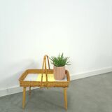 Rattan vintage tray on legs with yellow formica, fruit basket