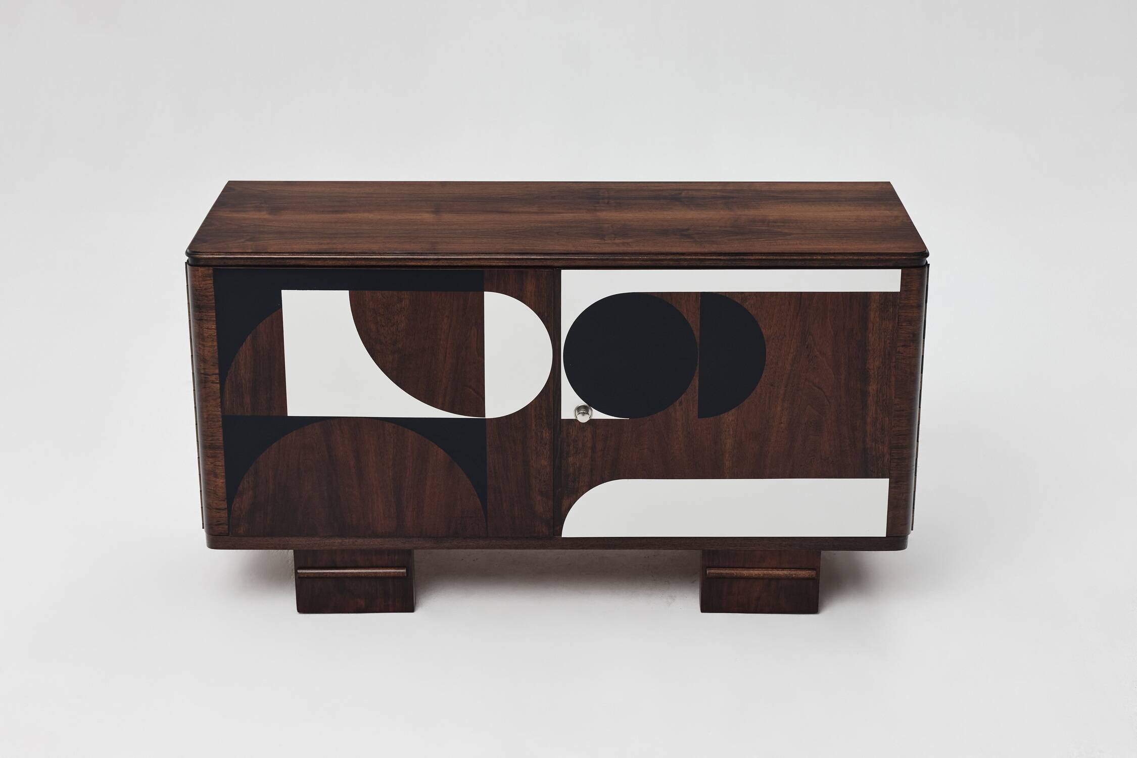 1950s Vintage Sideboard, Modernist, Walnut, Geometric Op Art Pattern
