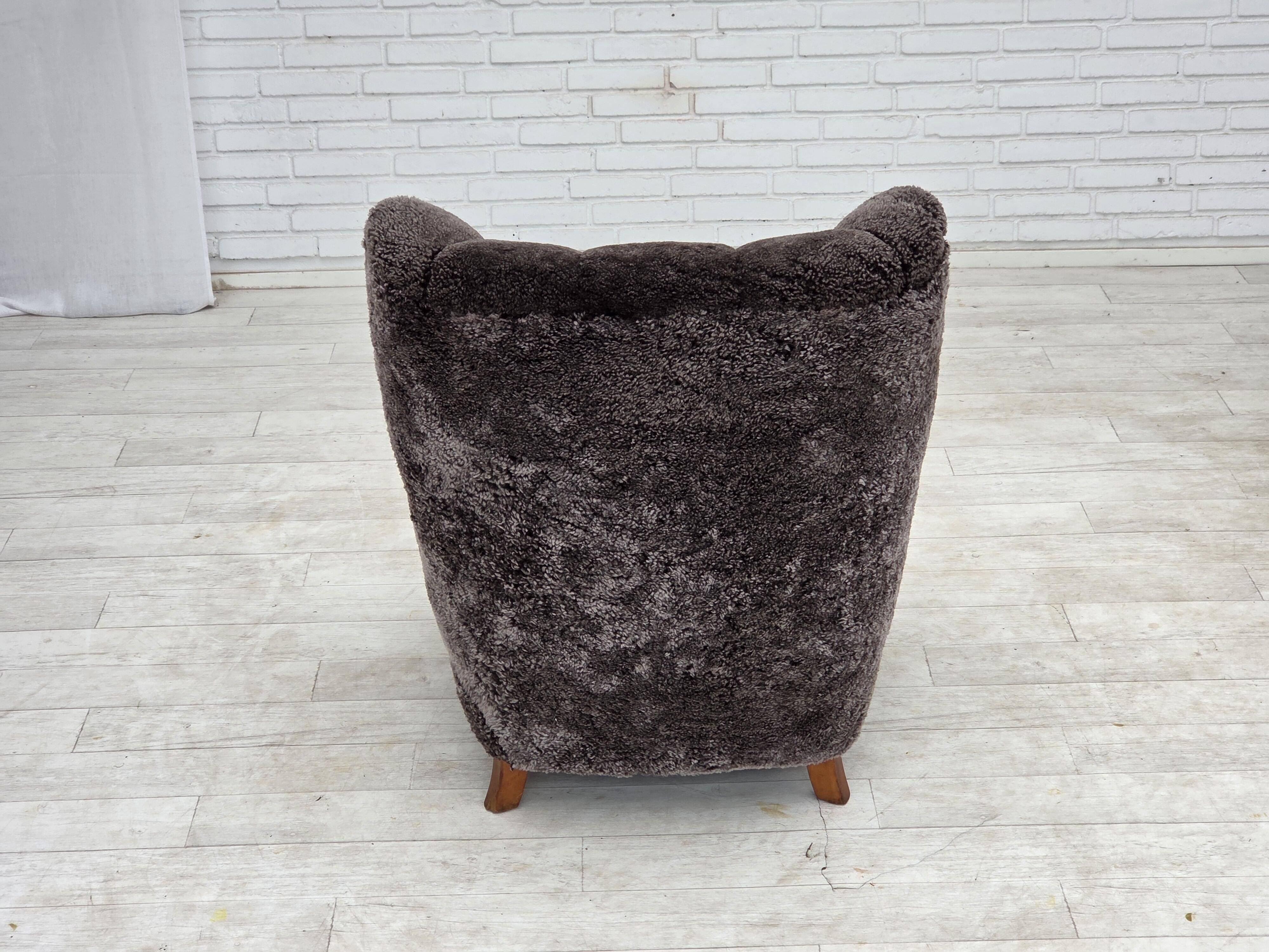 1960s, Danish design, reupholstered armchair, genuine sheepskin.